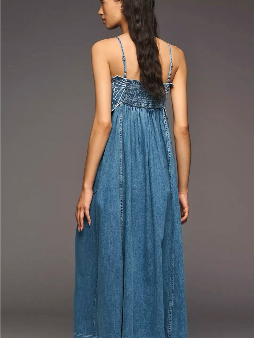 Anthropologie Pilcro Light Denim Floral Appliqué Maxi Dress Size Medium NWT - Picture 12 of 12
